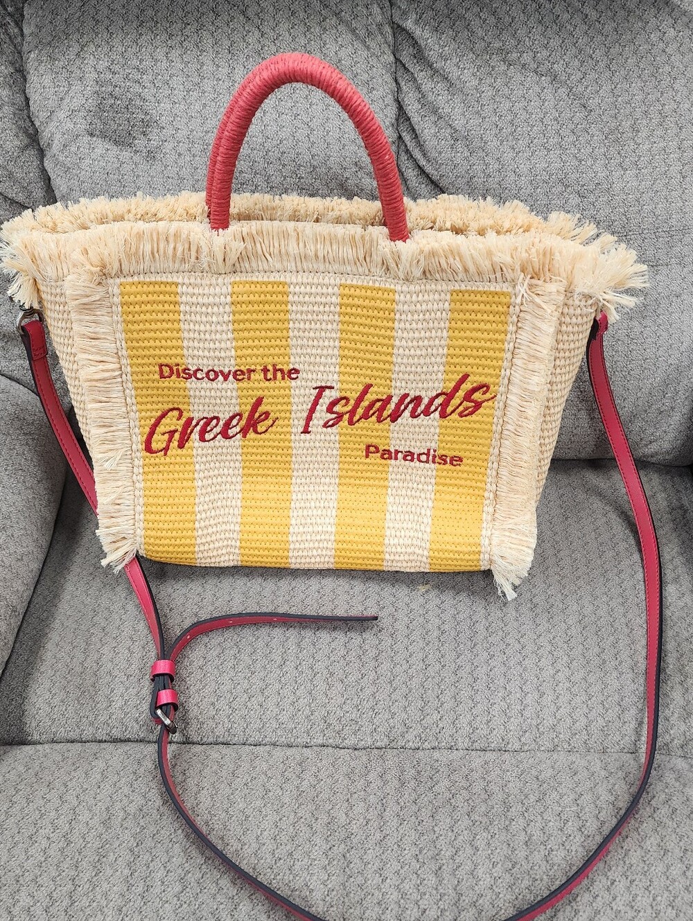 Greek Islands Straw Tote Bag with Yellow Stripes and Pink Accents